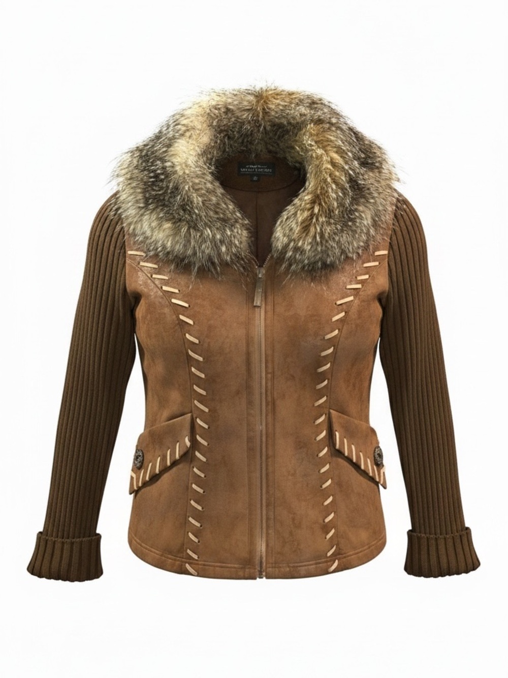 Montana Co Faux Suede Fur Knit Sleeve Zip Jacket Size XL Whip Stitch MSRP 129